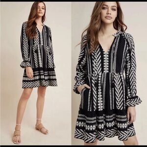 EUC Maeve Anthropologie Dominique Tunic Black White Tribal Patterned Dress Small